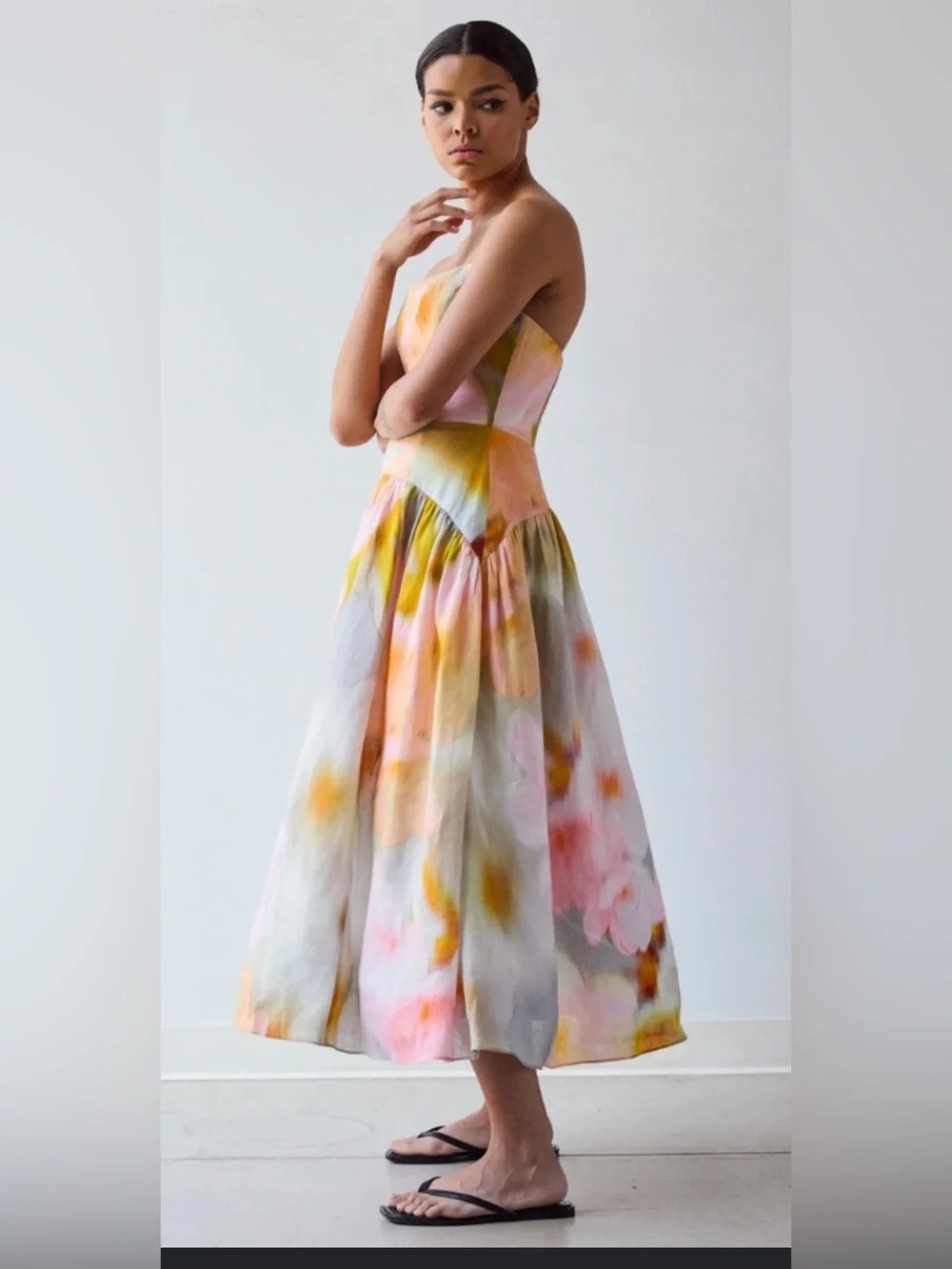 Tracy Reese Strapless Watercolor Floral Midi Dress in Pink, Yellow and Cream - Picture 2 of 11